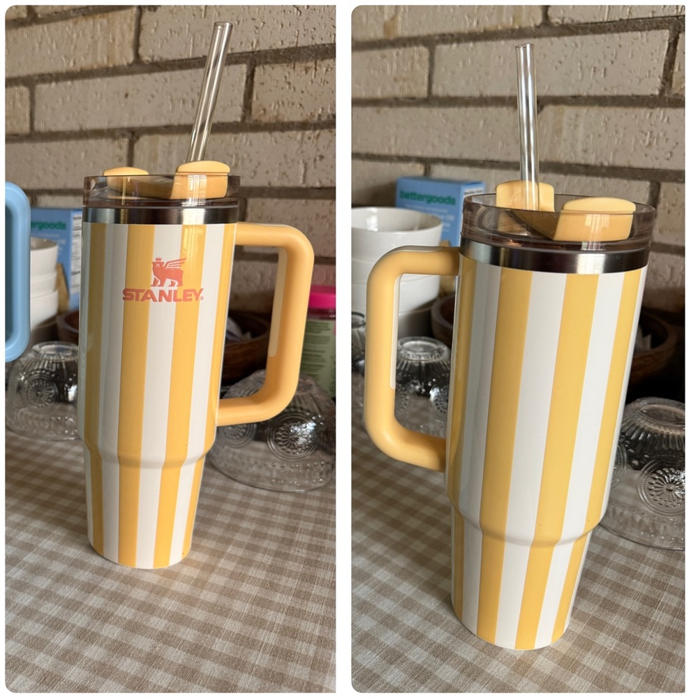 Stanley Yellow and White Striped Travel Tumbler with Handle & Straw